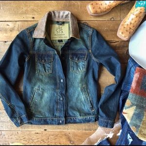 LEATHER COLLARED STS RANCH DENIM JACKET